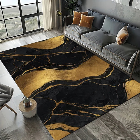 Navak Carpet Elegant Black White & Gold Area Rug – Sophisticated Marble-Like Pattern for Living Room or Bedroom, Non-Slip Modern Home Decor