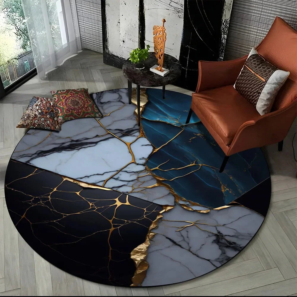 Navak Carpet Crystal Velvet 3D Luxury Marble Round Rug, Abstract Geometric Print Non-Slip Floor Mat for Living Room, Bedroom, Chair Decor