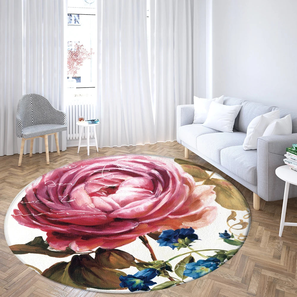 Navak Carpet Home Living Room Bedroom Bathroom Floor Mat Printing Decorative Carpet Flower and Bird  Round  Peony Rose
