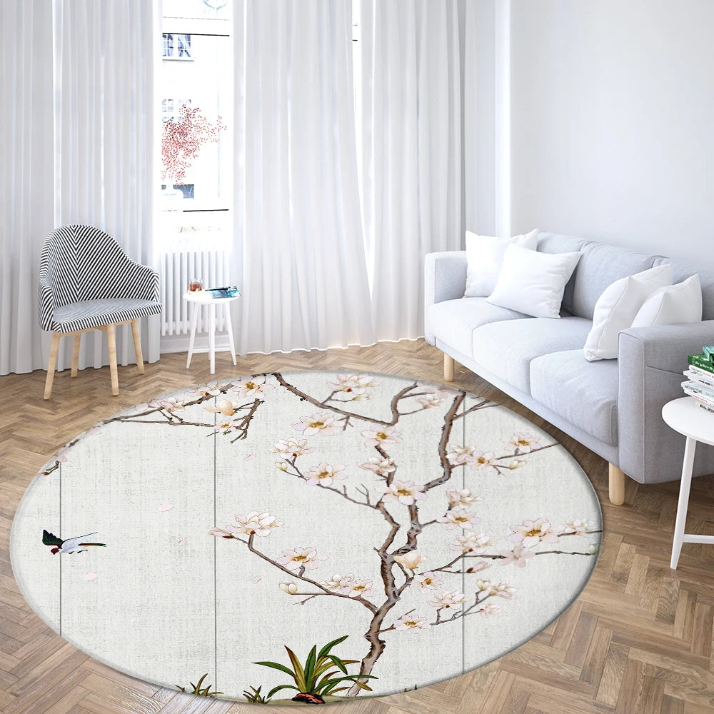 Navak Carpet Home Living Room Bedroom Bathroom Floor Mat Printing Decorative Carpet Flower and Bird  Round  Peony Rose