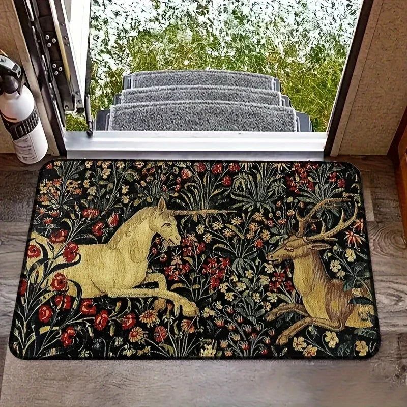 Navak Carpet Medieval Unicorn Midnight Floral Tapestry Doormat Non Slip Rug Home Decor Carpet Washable  Living Room Bedroom Kitchen Floor Mat