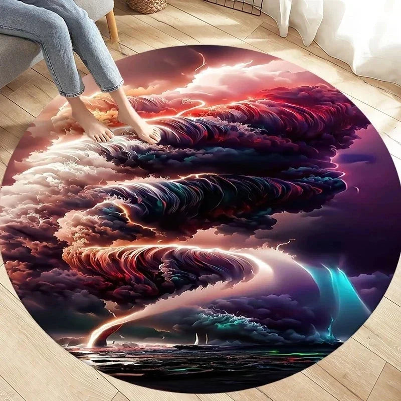 Navak Carpet Crystal Velvet Natural Disaster Round Rug, Fantasy Tornado Cloud Print Non-Slip Floor Mat for Living Room, Bedroom, Sofa Decor
