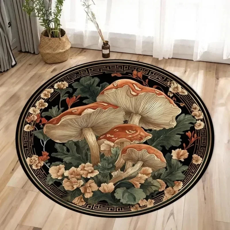 Navak Carpet Mushroom Pattern Circle Carpet Utility Round Rug for Living Room Bedroom Deco Kitchen Under Table Floor Mat Non Slip Vintage Rug