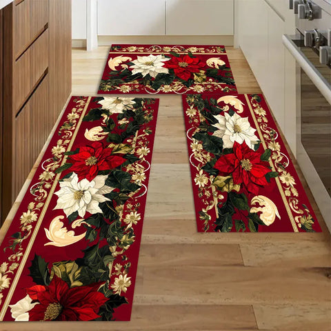 Navak Carpet Christmas Poinsettia Floral Kitchen Mat Decor Non-Slip Laundry Room Mats Hallway Balcony Rugs Bedroom Mat Christmas Decorations