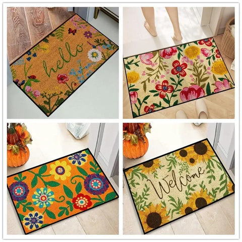 Navak Carpet 1Pc Floral Letter Print Welcome Doormat Anti-Slip Bath Rug Fade Resistant Kitchen Garden Floor Mat Washable Home Decor Carpets