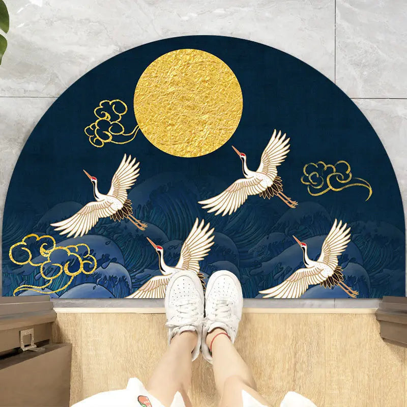 Navak Carpet Chinese Semi-circular Floor Mats Japanese Style Crane Printed Door Entrance Non-slip Floor Mats Balcony Carpet Hallway Porch Rug
