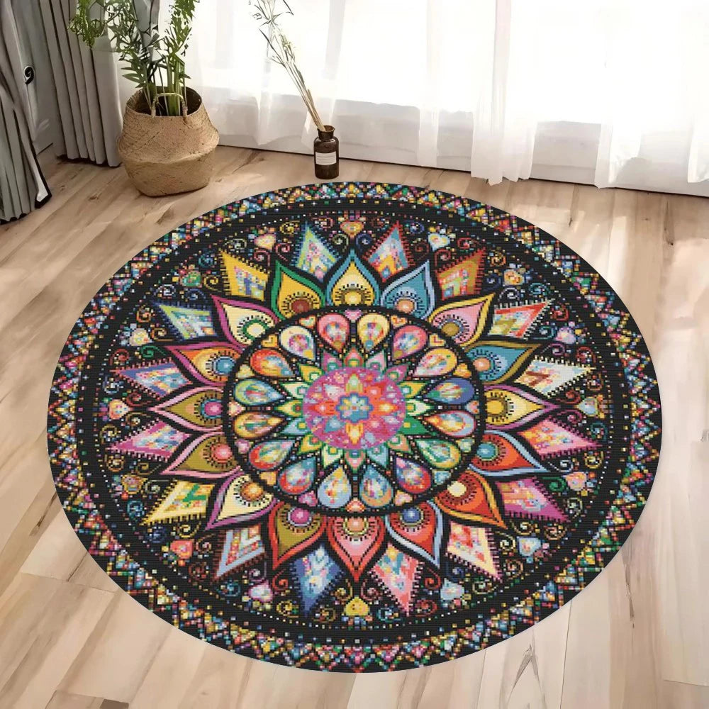 Navak Carpet Colorful 3D Mandala Mystery Chakra Print Round Rug Meditation and Yoga Non-Slip Machine Washablefor Bedroom and Living Room