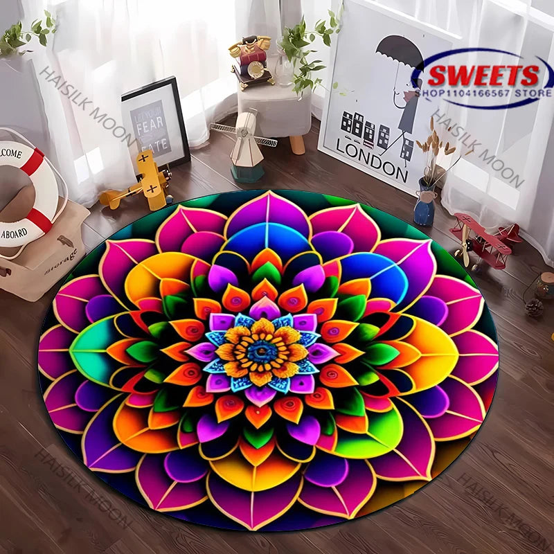 Navak Carpet 1PC Mandala Flower Pattern Round Carpet for Living Room Bedroom Picnic, Doormat Floor All Seasons Mat Modern Decorative Rug Gift
