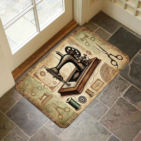 Navak Carpet Retro Door Mat Sewing Machine and Scissor Design Anti Slip Polyester Rug Suitable for Living Room and Bedroom Decoration Carpet