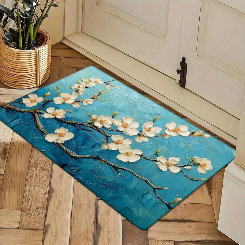 Navak Carpet 1 piece blue floral branch doormat, polyester fabric, machine washable, suitable for living room bedroom kitchen home decoration