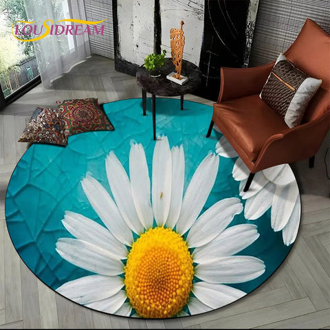 Navak Carpet 3D Daisy Nordic Flower Sunflower Round Area Rug,Carpet for Living Room Children's Bedroom Sofa Playroom Decor,Non-slip Floor Mat