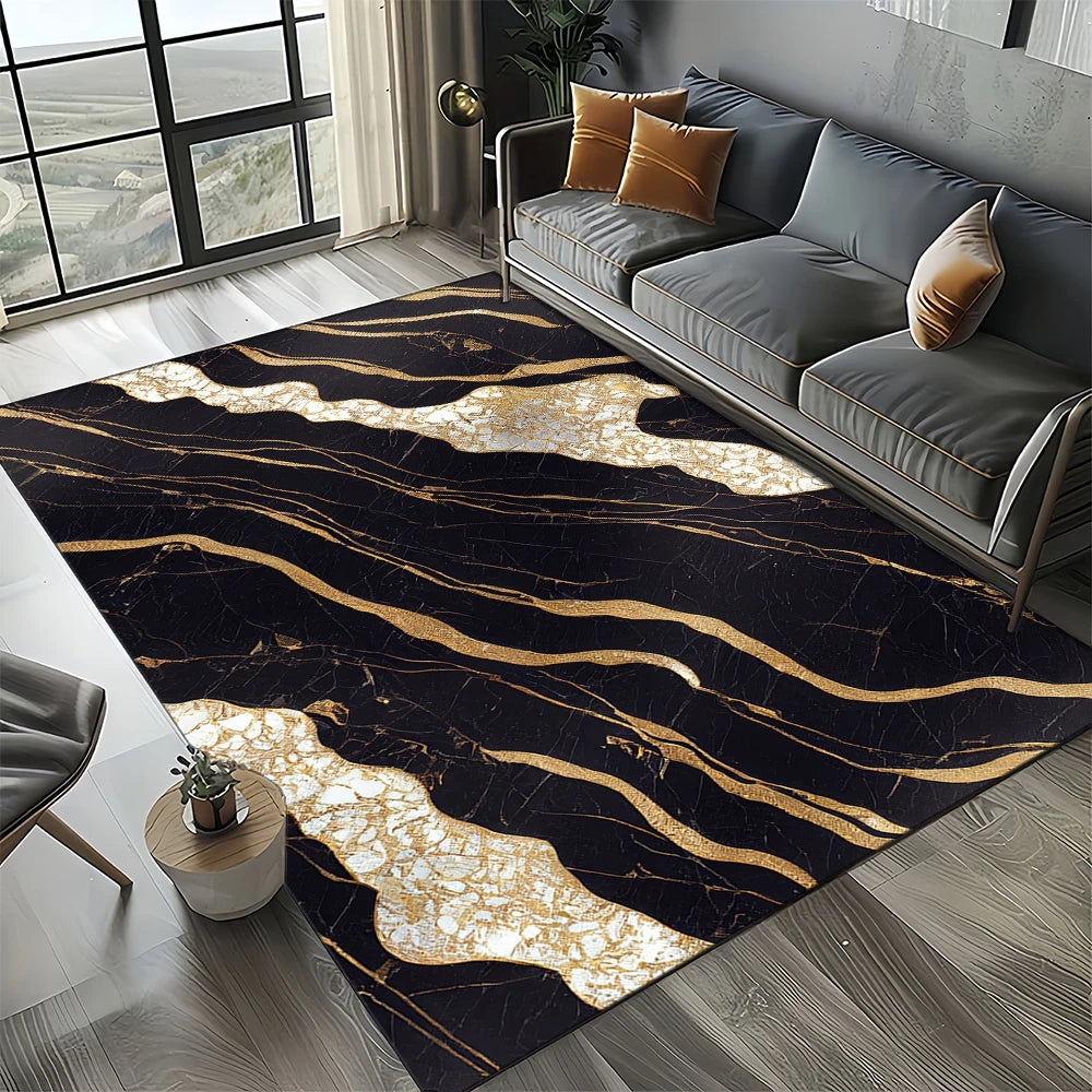 Navak Carpet Elegant Black White & Gold Area Rug – Sophisticated Marble-Like Pattern for Living Room or Bedroom, Non-Slip Modern Home Decor