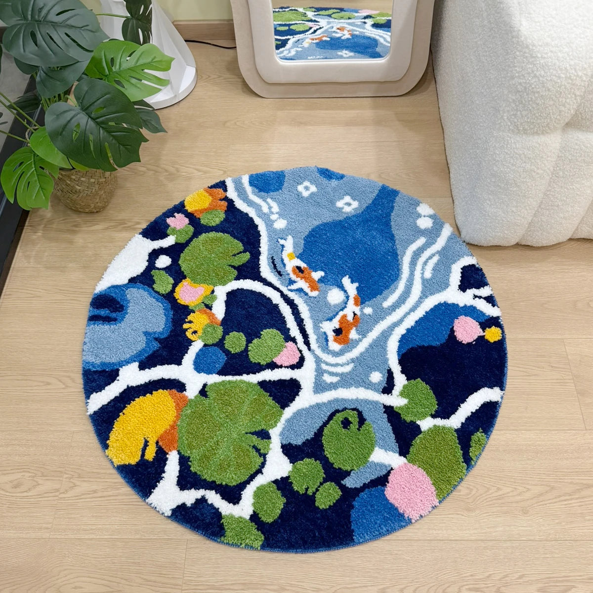 Navak Carpet Coloful Lotus Pond Round Handmade Tufted Rug for Living Room Psychedelic Bedroom Retro Carpet Plush Circle Abstract Art Area Rug