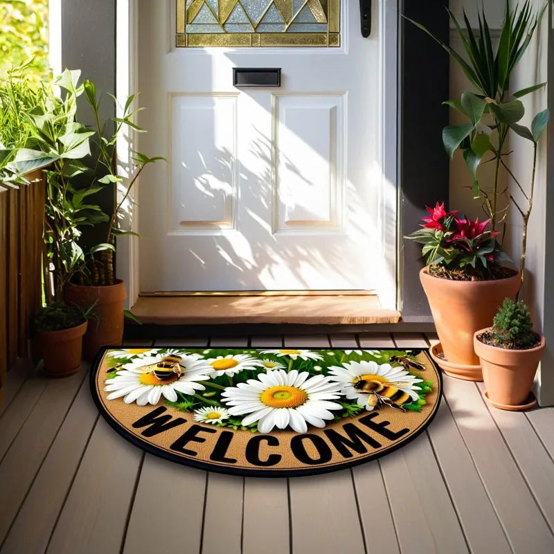 Navak Carpet Bees Floral Door Mat Non Slip Semi Circle Polyester Entrance Rug for Farmhouse Patio Laundry Kitchen Yard Outdoor Home Decor