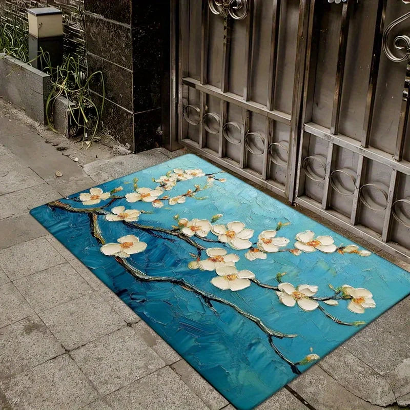 Navak Carpet 1 piece blue floral branch doormat, polyester fabric, machine washable, suitable for living room bedroom kitchen home decoration
