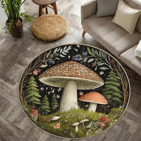 Navak Carpet Mushroom Pattern Circle Carpet Utility Round Rug for Living Room Bedroom Deco Kitchen Under Table Floor Mat Non Slip Vintage Rug