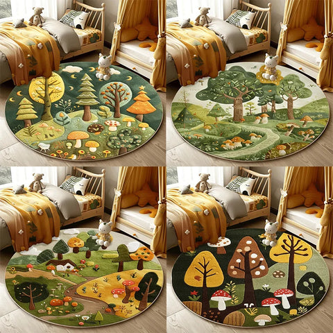 Navak Carpet Forest Pattern Living Room Lovely Round Bedroom Decorative Carpet Washable Children Floor Mat Study Rug