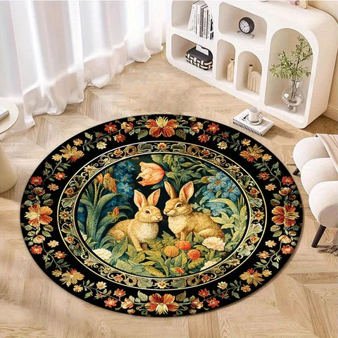 Navak Carpet Easter Retro Floral Rabbit Pattern Round Area Rug Bedroom Living Room Garden Decor Living Room Carpet Decorative Floor Mat