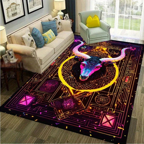 Navak Carpet Door mats with ancient symbols and neon bull design are suitable for camping, room, indoor use-machine washable non-slip carpet