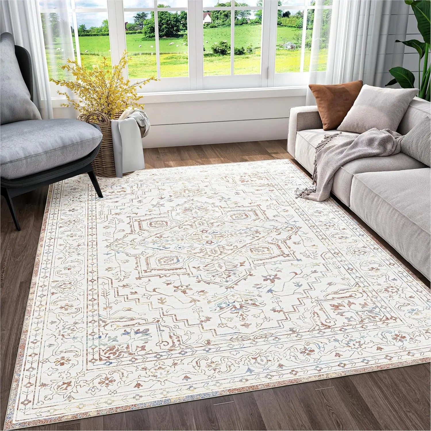 Navak Carpet Beige & Ivory Washable Flannel Area Rug Stain-Resistant & Non Slip, Home Decor Carpet, for High Traffic Areas in Living