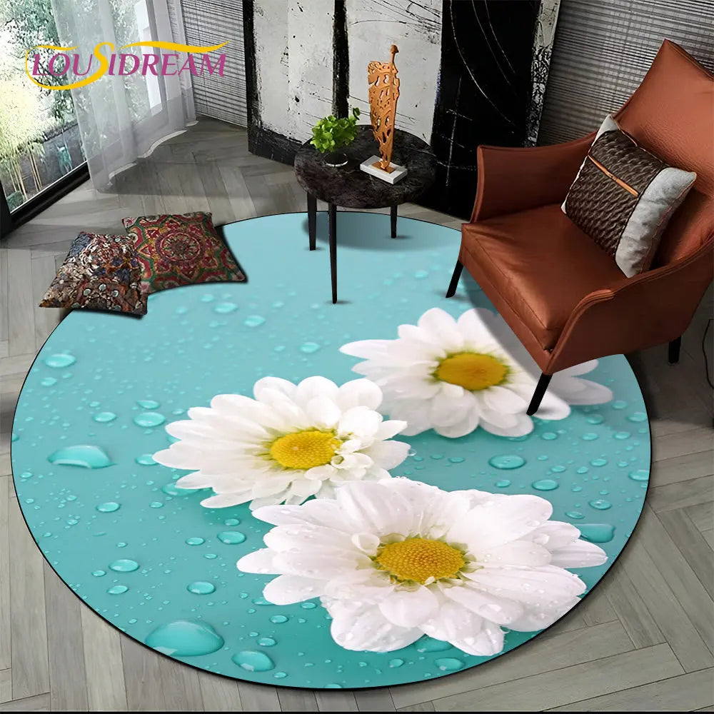 Navak Carpet 3D Daisy Nordic Flower Sunflower Round Area Rug,Carpet for Living Room Children's Bedroom Sofa Playroom Decor,Non-slip Floor Mat