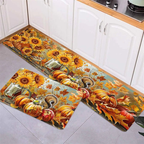 Navak Carpet Fall Squirrel Sunflower Pumpkin Kitchen Floor Mat Home Decor Non-Slip Corridor Balcony Laundry Rug Bedroom Beside Foot Mat Decor