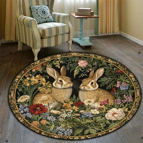 Navak Carpet Easter Retro Floral Rabbit Pattern Round Area Rug Bedroom Living Room Garden Decor Living Room Carpet Decorative Floor Mat