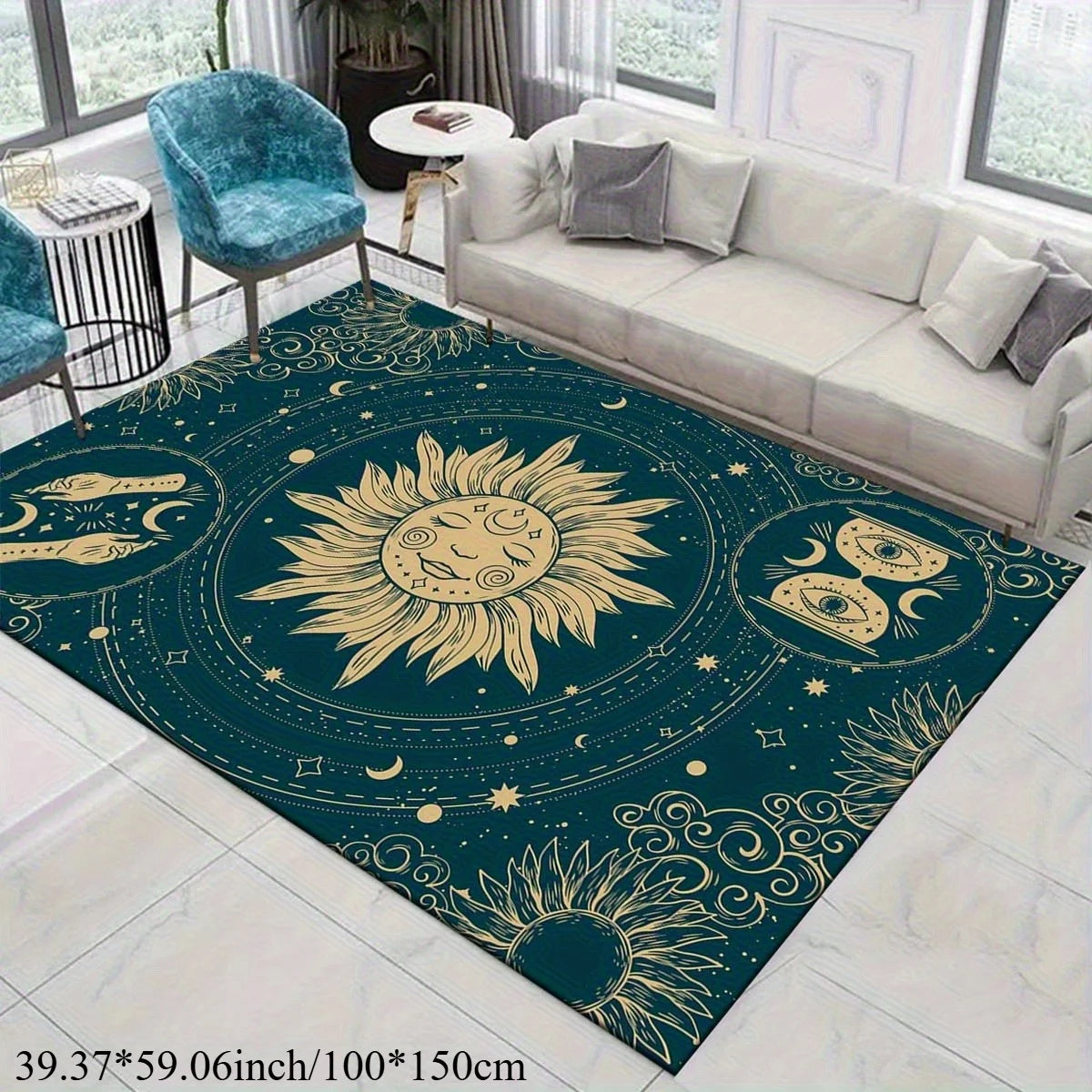 Navak Carpet Sun Theme Mat - Celestial Sun Moon Stars & Feet Design, 100% Polyester Machine Washable Indoor/Outdoor Mat for Living Room Bedro