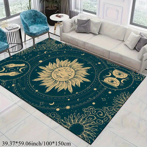 Navak Carpet Sun Theme Mat - Celestial Sun Moon Stars & Feet Design, 100% Polyester Machine Washable Indoor/Outdoor Mat for Living Room Bedro