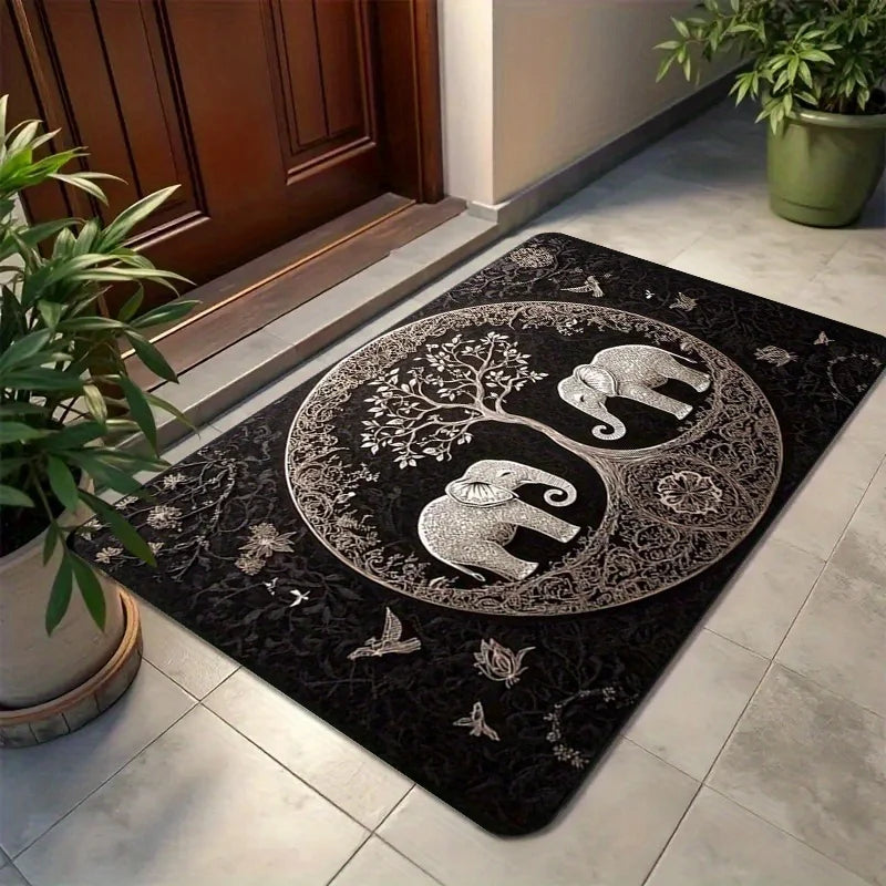 Navak Carpet 1pc Elephant and Tree of Life Welcome Mat - Non-slip, Machine Washable for Living Room, Bathroom, Kitchen - Durable Polyester