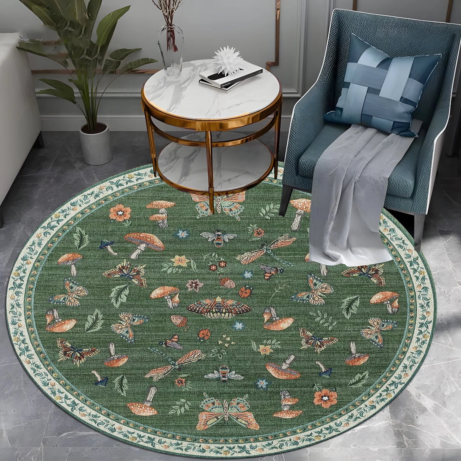 Navak Carpet Round Boho Floral Carpet - Vibrant Mushroom & Butterfly Print, Non-Slip Area Rug for Living Room/Bedroom, Nature-Inspired Decor