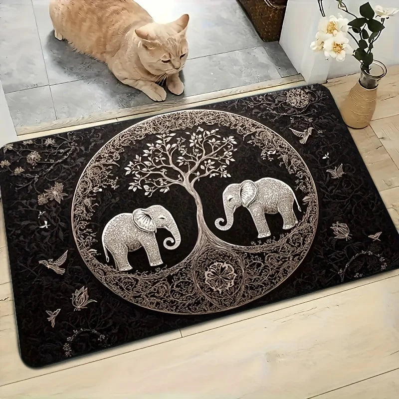 Navak Carpet 1pc Elephant and Tree of Life Welcome Mat - Non-slip, Machine Washable for Living Room, Bathroom, Kitchen - Durable Polyester