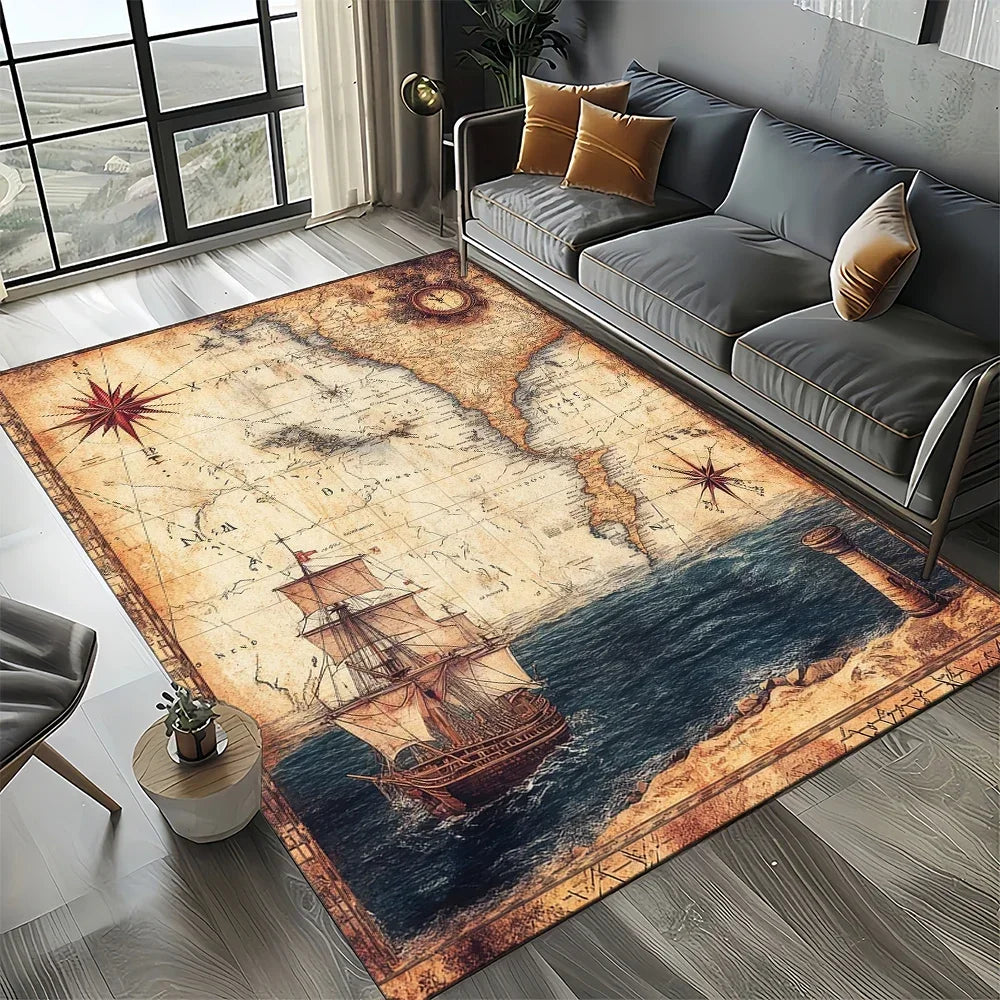 Navak Carpet Retro Marine Nautical Chart Compass Carpet Rug for Home Living Room Bedroom Sofa Doormat Decor, Floor Mat