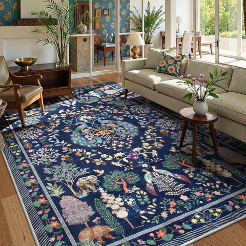 Navak Carpet Boho Floral Soft Blue Dining Room Rug, Non Slip Ultra Thin Stain Resistant Large Floor Carpet for Bedroom Home Office