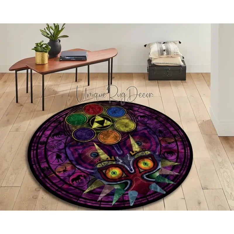 Navak Carpet Zelda Symbol Round Rug Retro Style Game Room Carpet for Living Room Gaming Decor Zelda Majora’s Mask Rug Gift for Gamer