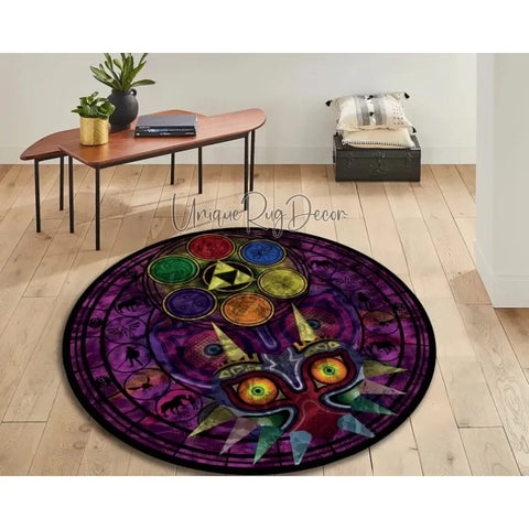 Navak Carpet Zelda Symbol Round Rug Retro Style Game Room Carpet for Living Room Gaming Decor Zelda Majora’s Mask Rug Gift for Gamer