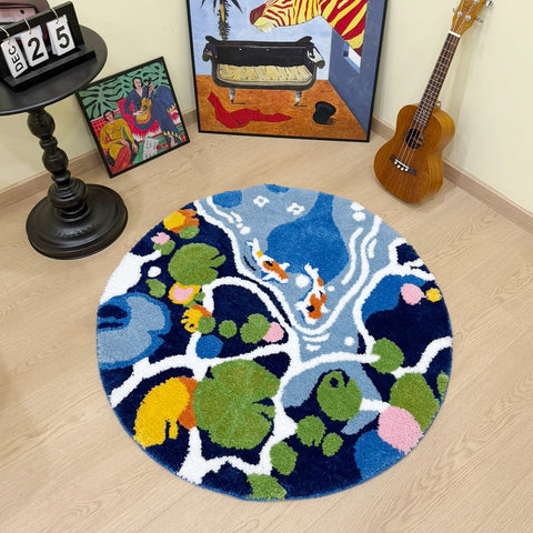 Navak Carpet Coloful Lotus Pond Round Handmade Tufted Rug for Living Room Psychedelic Bedroom Retro Carpet Plush Circle Abstract Art Area Rug