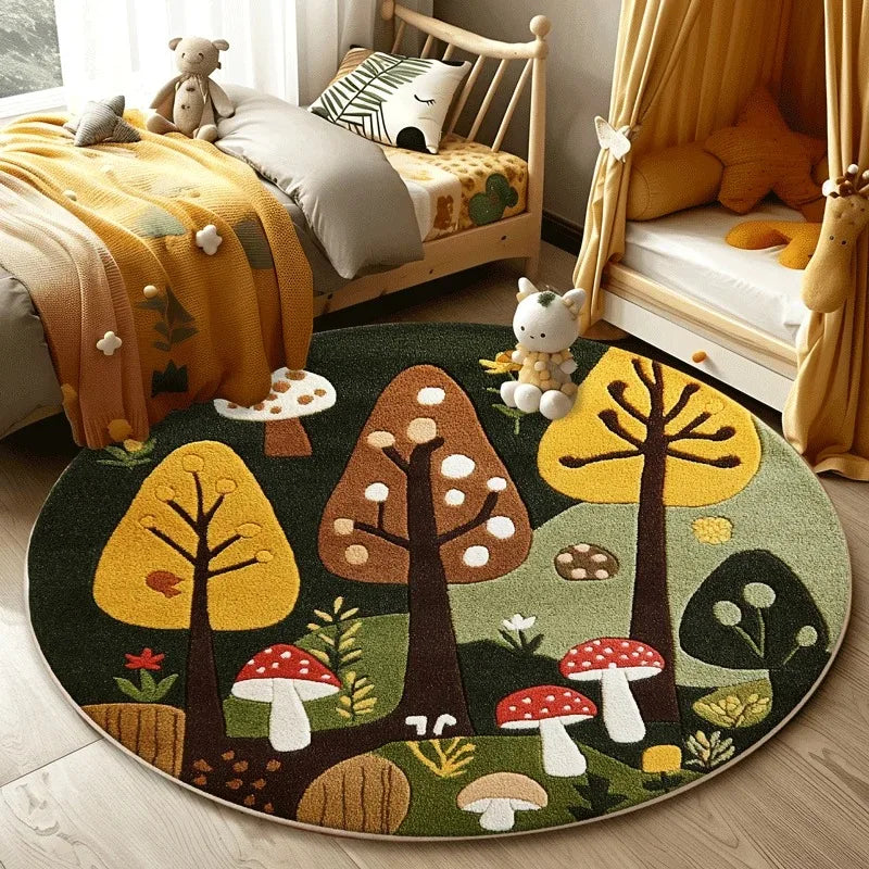 Navak Carpet Forest Pattern Living Room Lovely Round Bedroom Decorative Carpet Washable Children Floor Mat Study Rug