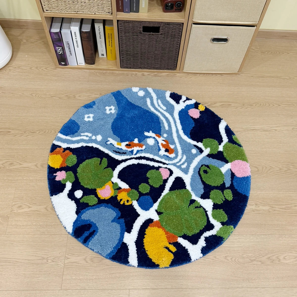 Navak Carpet Coloful Lotus Pond Round Handmade Tufted Rug for Living Room Psychedelic Bedroom Retro Carpet Plush Circle Abstract Art Area Rug