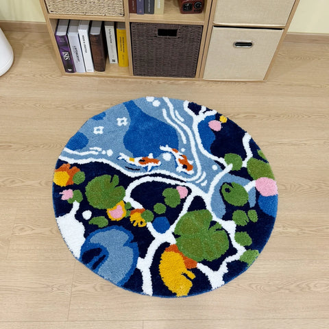 Navak Carpet Coloful Lotus Pond Round Handmade Tufted Rug for Living Room Psychedelic Bedroom Retro Carpet Plush Circle Abstract Art Area Rug