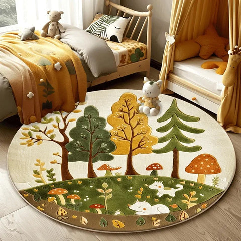 Navak Carpet Forest Pattern Living Room Lovely Round Bedroom Decorative Carpet Washable Children Floor Mat Study Rug