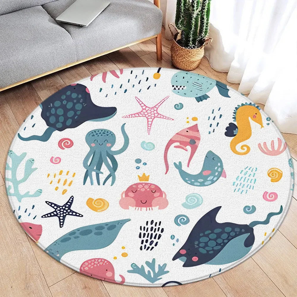 Navak Carpet Cartoon Round Carpet Ocean Fish Dolphin Starfish Cute Deer Lion Elephant Tiger Kids Bedroom Mat Home Living Room Decor Floor Rug