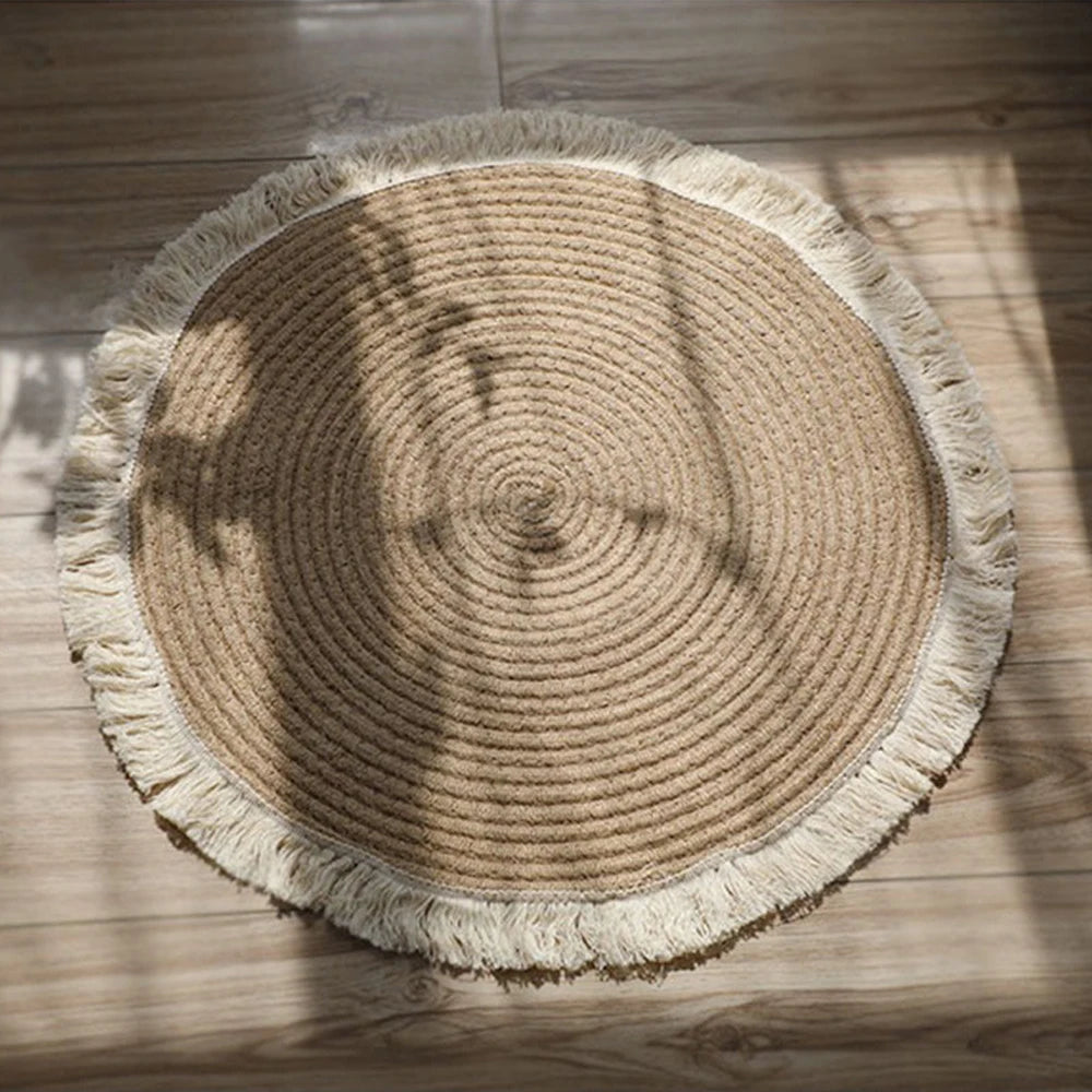 Navak Carpet Nordic Cotton Rope Tassel Round Mat Hand-woven Living Room Bedroom Balcony Decorative Carpet Non-slip Coffee Table Mat