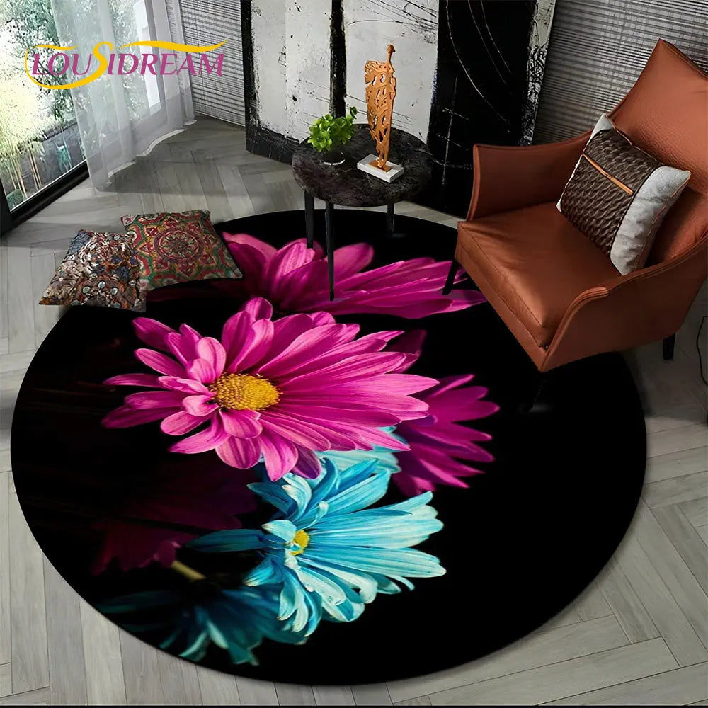 Navak Carpet 3D Daisy Nordic Flower Sunflower Round Area Rug,Carpet for Living Room Children's Bedroom Sofa Playroom Decor,Non-slip Floor Mat
