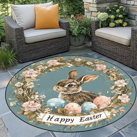 Navak Carpet Easter Retro Floral Rabbit Pattern Round Area Rug Bedroom Living Room Garden Decor Living Room Carpet Decorative Floor Mat