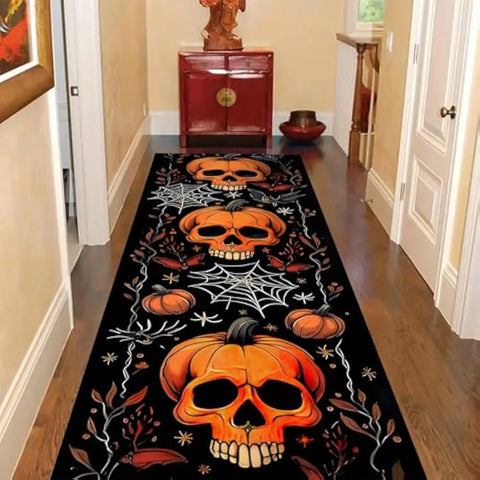 Navak Carpet Exclusive Picks Halloween Runner Rug Abstract Pumpkin Skull Carpet Kitchen Anti-Slip Spider Web Printed Rugs for Living Room Home Decor