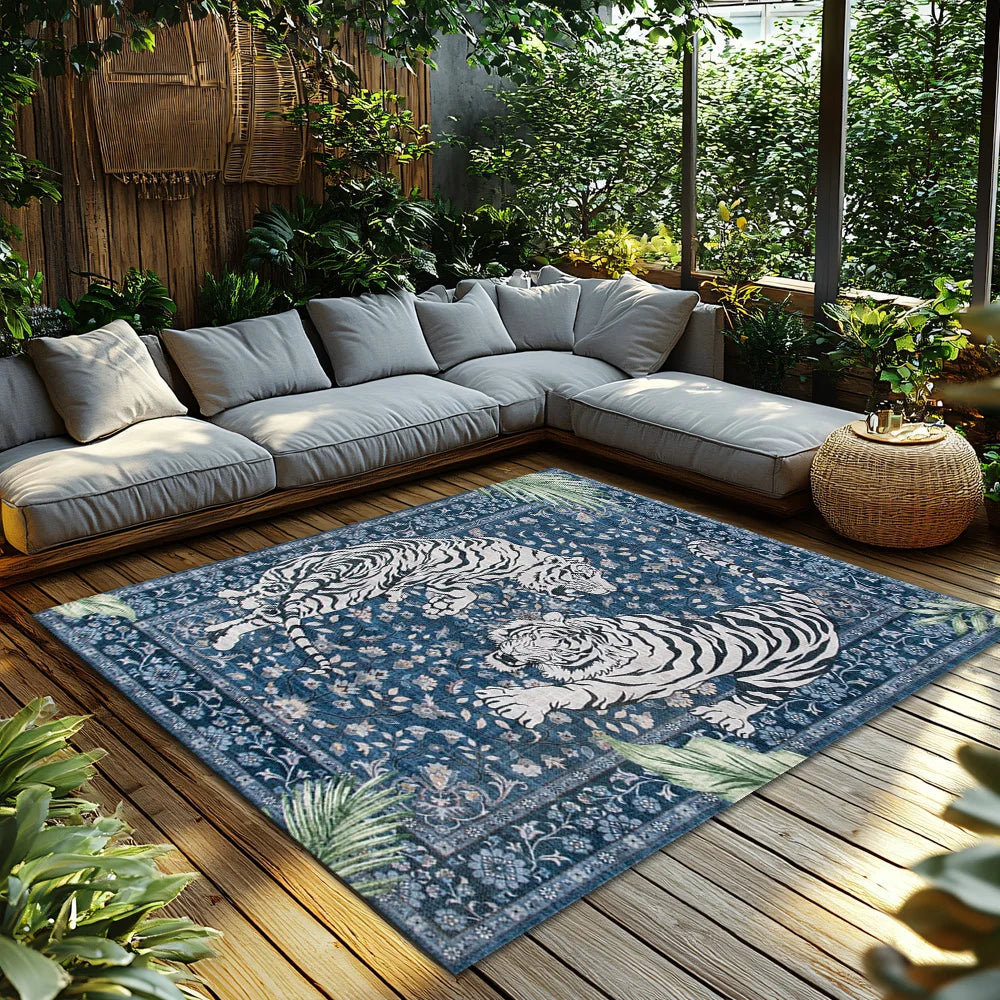 Navak Carpet Blue Tiger Pattern Bohemian Rug, Jungle Theme Non-Slip Carpet, Plush Living Room Mat for Nature Inspired Decor