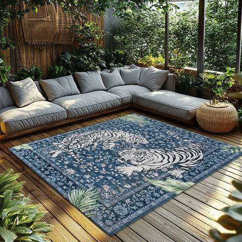 Navak Carpet Blue Tiger Pattern Bohemian Rug, Jungle Theme Non-Slip Carpet, Plush Living Room Mat for Nature Inspired Decor