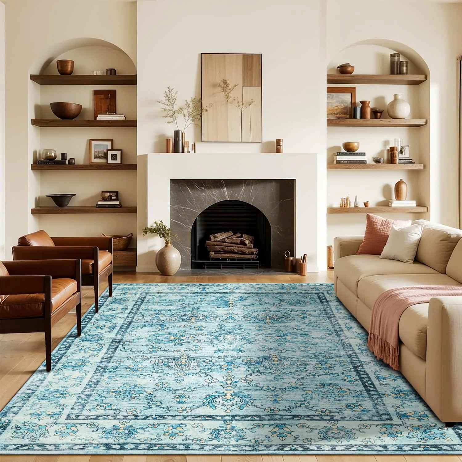 Navak Carpet Area Rugs for Living Room, Machine Washable Vintage Rug, Non-Slip Low Pile Throw Rugs with Rubber Backing Washable Carpet