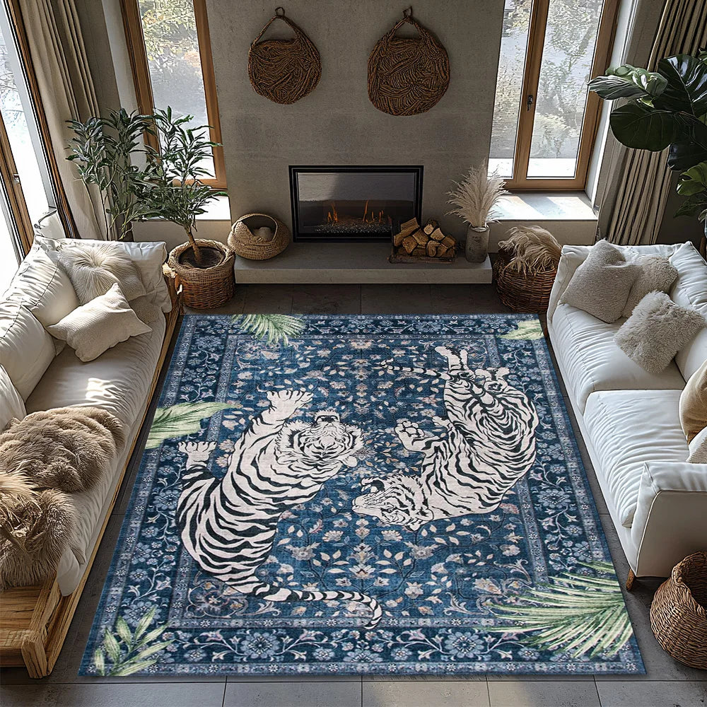 Navak Carpet Blue Tiger Pattern Bohemian Rug, Jungle Theme Non-Slip Carpet, Plush Living Room Mat for Nature Inspired Decor